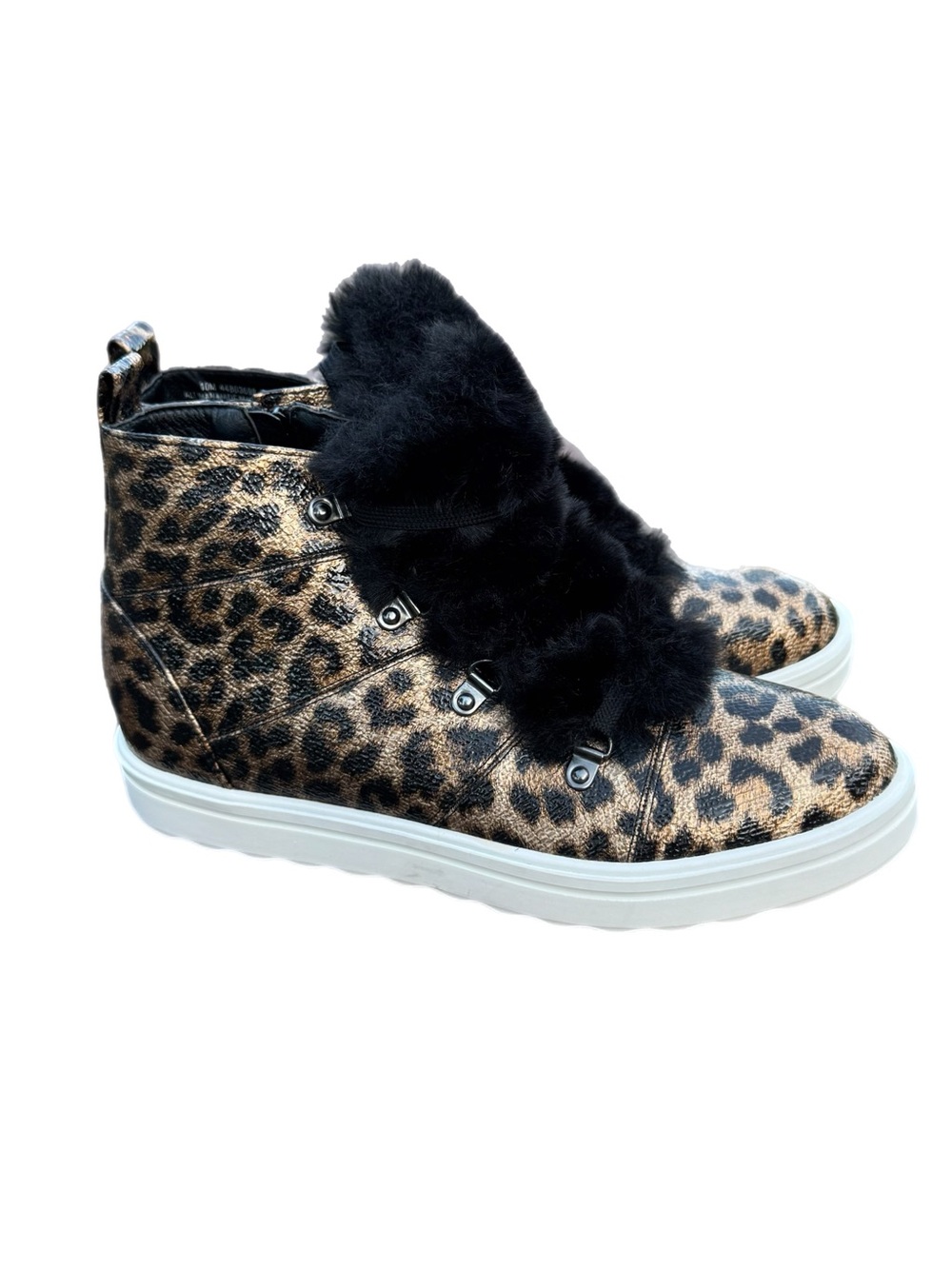 C. Comfort Hi Top Black Brown Leopard Print Faux Fur Trim Vinyl Sneakers 10M